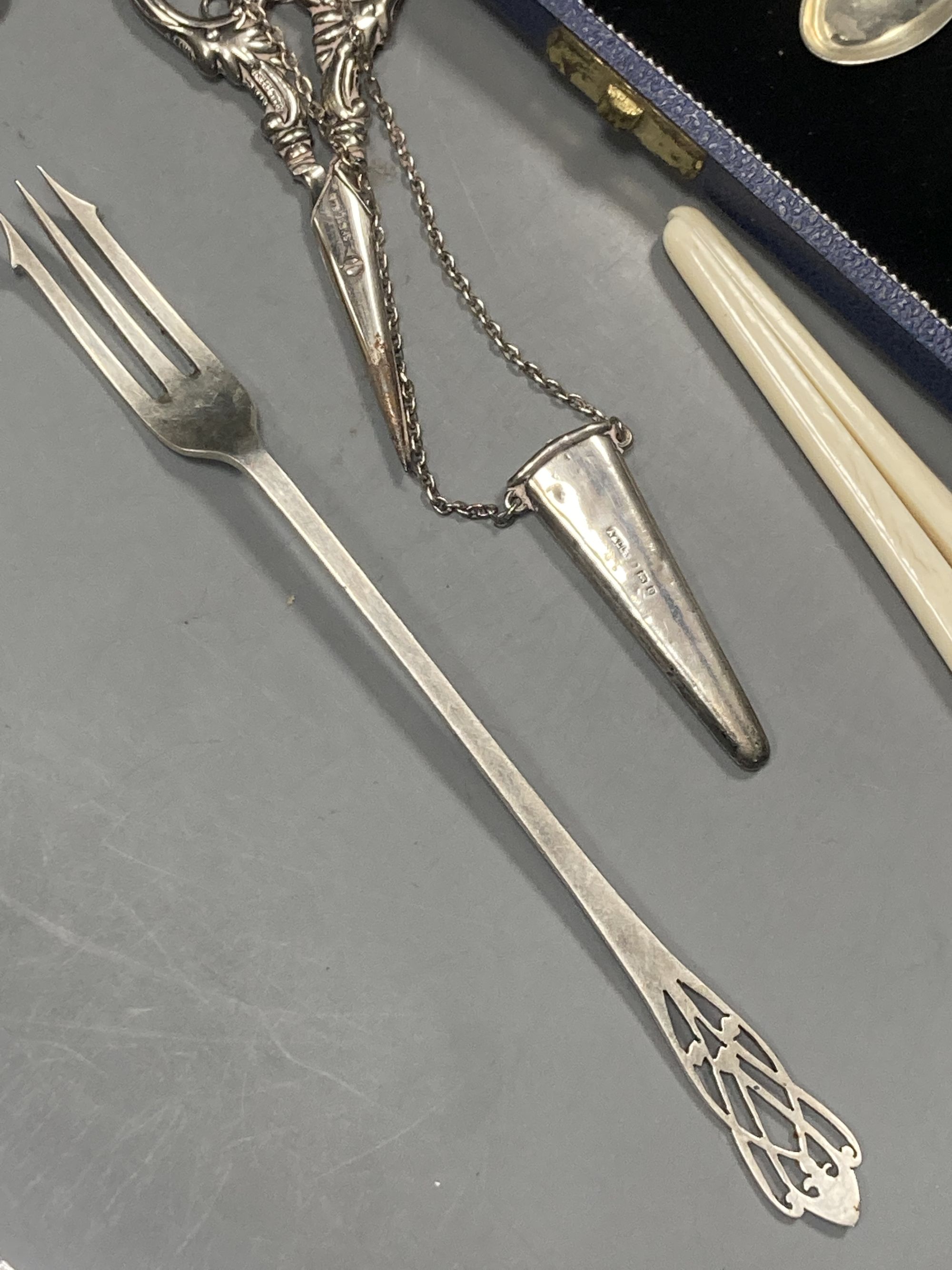 A cased set of six 1950s silver teaspoons, one other incomplete silver set and other flatware.